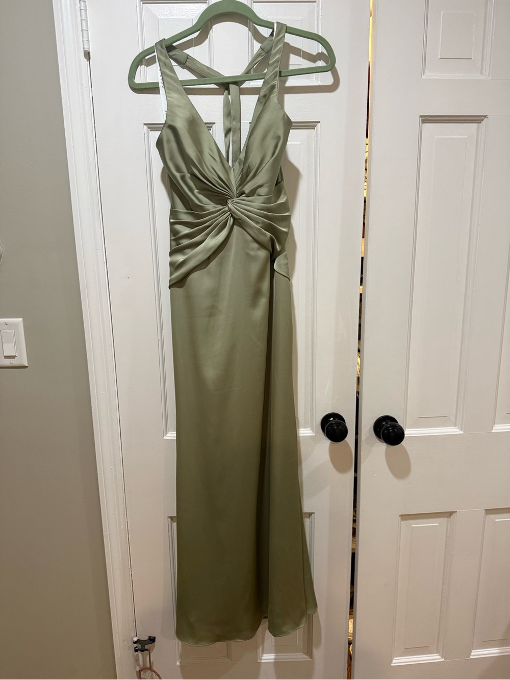 Azazie Sage Green Satin Twist-Front Dress - size 2